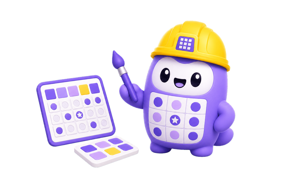 Mascot designing a bingo card with color tools