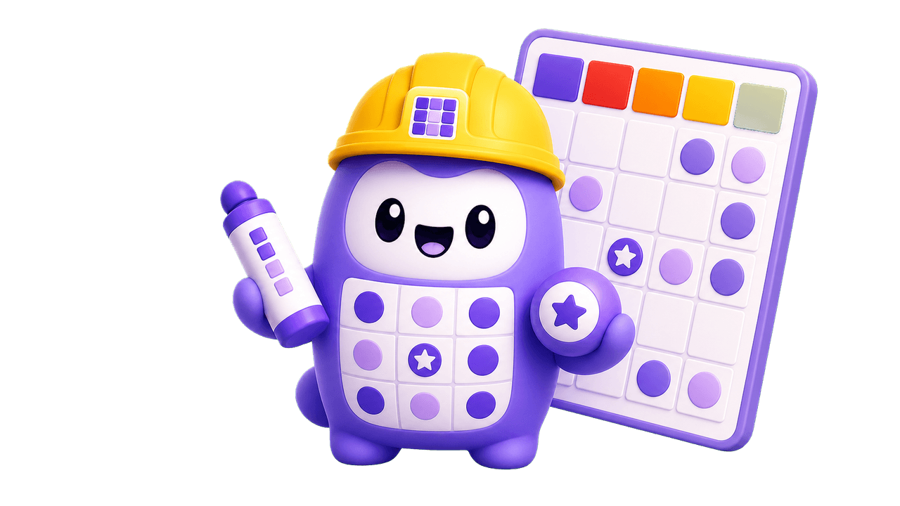 Bingo Card Builder mascot holding a bingo marker and bingo ball beside a card