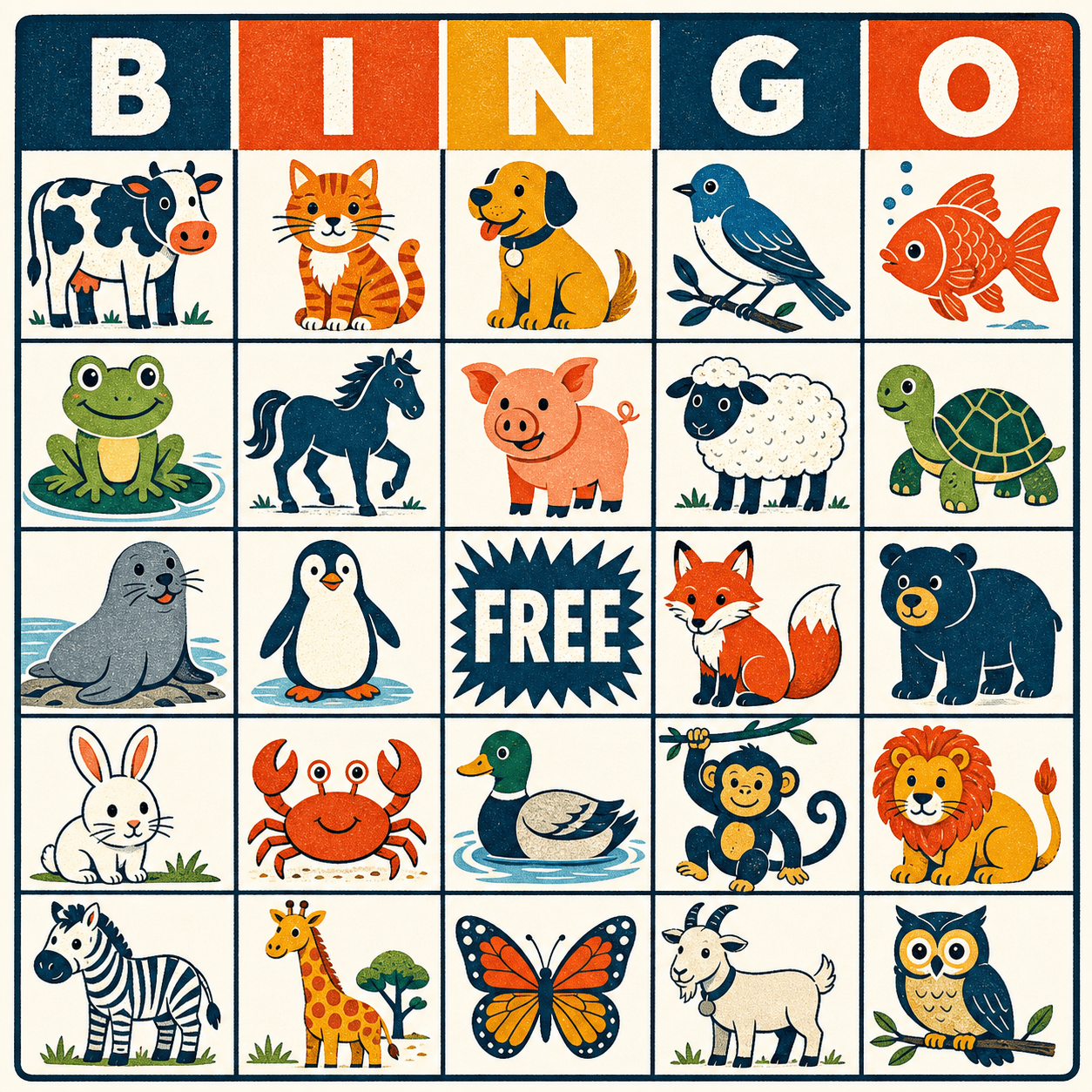 Farm Animals Bingo Card bingo card