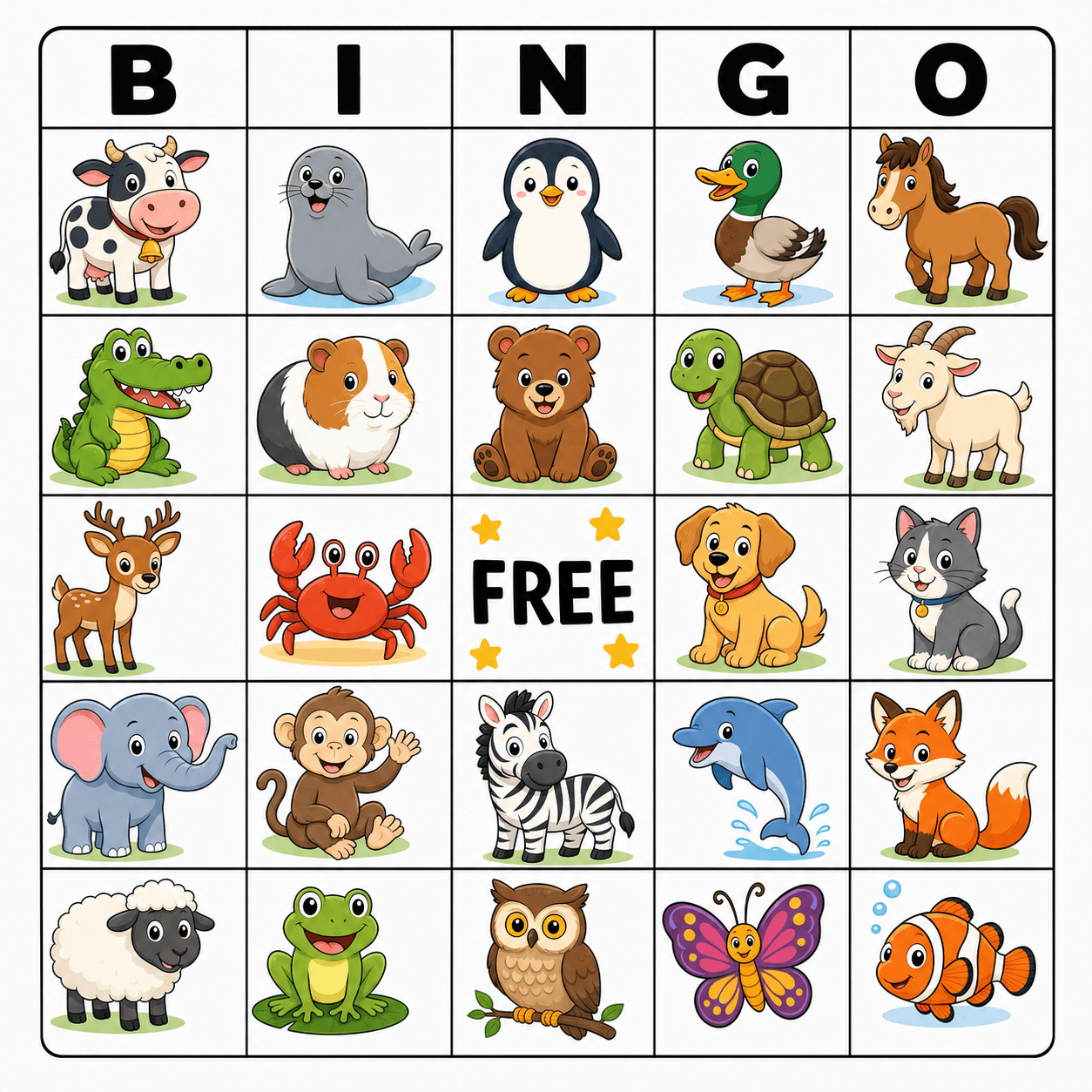 Animals Farm Animal Bingo Card bingo card