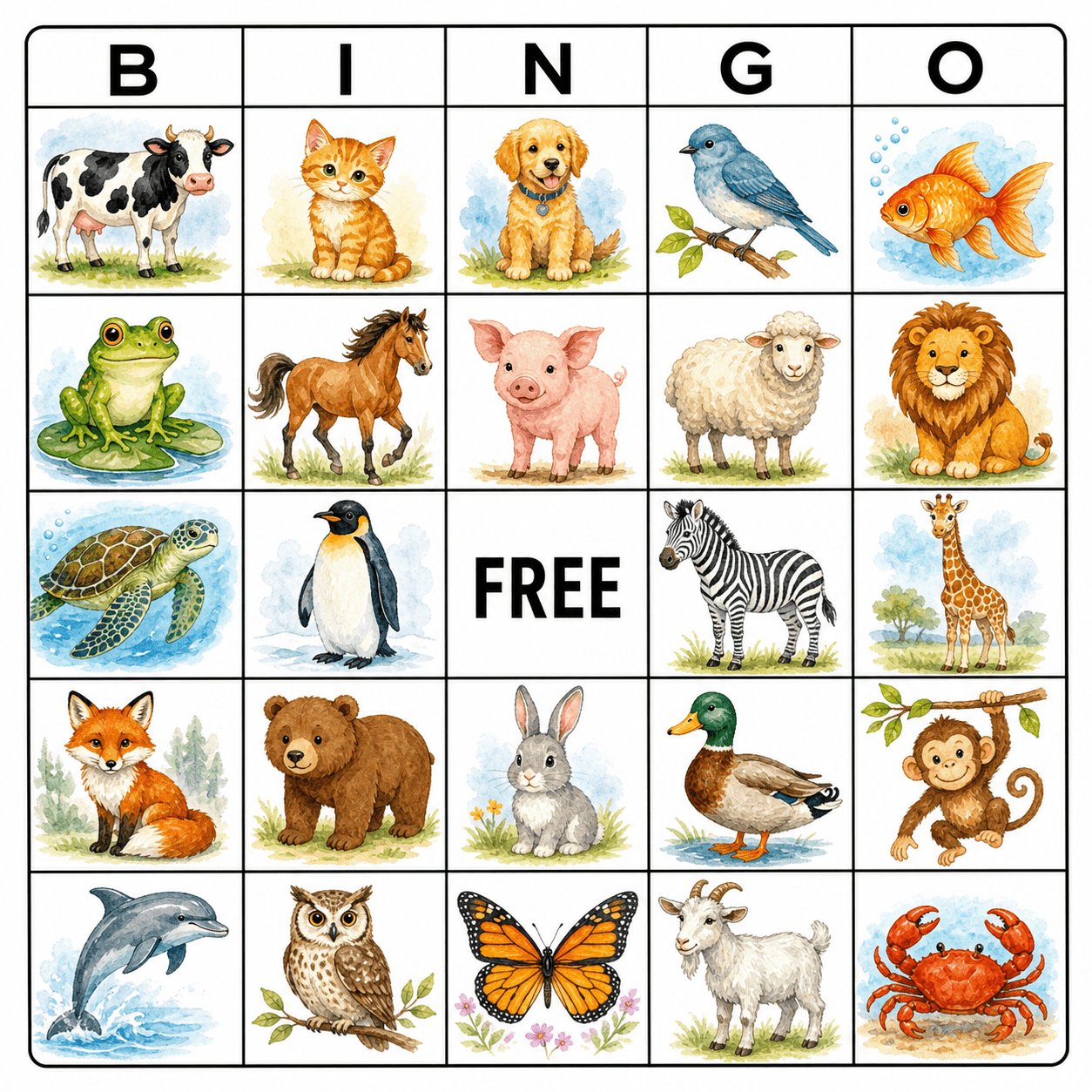 Animals Picture Bingo Card bingo card